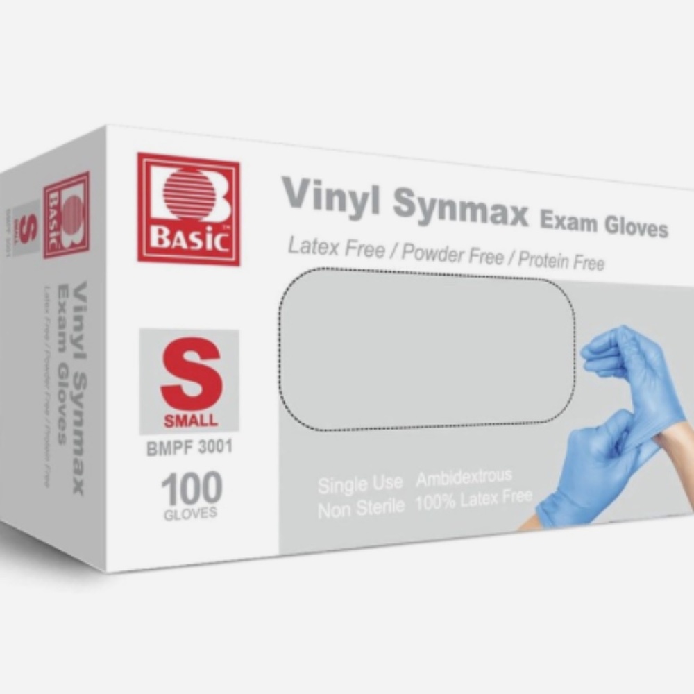 Basic Blue Vinyl Exam Gloves, Synmax Latex-Free, Size S (PACK OF 2)
